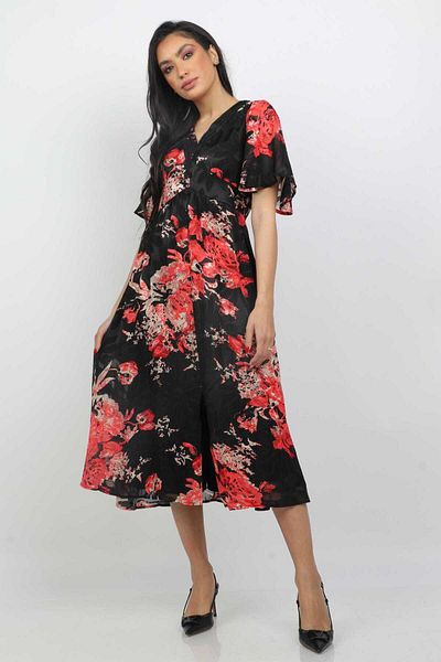 Nichii Women's Midi Dress with Large Floral Print and Short Butterfly Sleeves