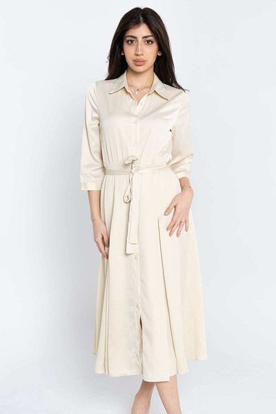 Nichii Women's Solid Midi Dress with Belt and Front Buttons, 3/4 Sleeves