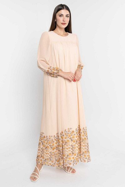 Nichii Solid Maxi Dress with Flared Bottom and Long Sleeves