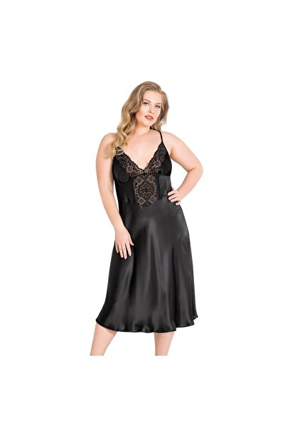 MİRALİVE Marsilyan- Plus Size Black Long Satin Nightgown