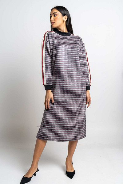 Nichii Women's Long Sleeve Striped Midi Dress with Checkered Pattern