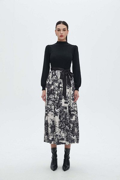 Nichii Half and Half Long Sleeve Midi Dress with High Neck