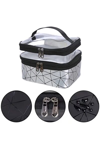 Aptel Geantă cosmetice, 2 compartimente, argintie, 22x 14.5x 16.5 cm