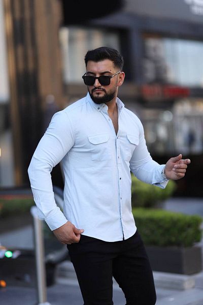 Klothy Cămașă pentru bărbați, din bumbac, lavabilă, cu buzunar dublu, slim fit 2343