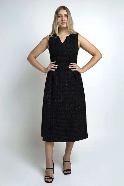 Nichii Women's Solid Midi Dress with Pleats and Keyhole Neckline
