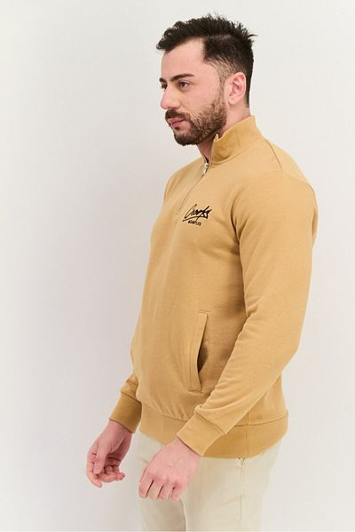 CROOKS CASTLES Men Mock Neck Embroidered Logo Long Sleeve Sweatshirt, Tan