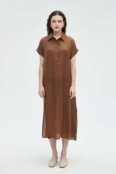 Nichii Women's Solid Midi Dress with Half Sleeves, Collar, and Buttons