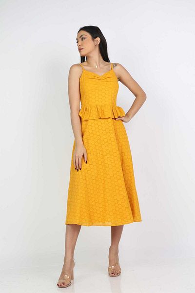 Nichii Solid Midi Dress with Rustic Straps and Ruffle Detail at the Waist