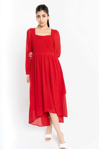 Nichii Classic Women's Midi Dress with Long Sleeves and Cinched Waist