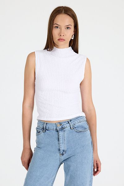 Rays White Wrinkle Fabric Stand Collar Sleeveless Blouse 3458