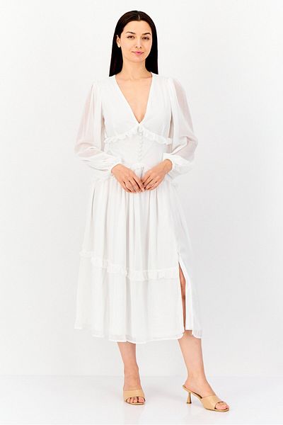 Archive Design Studio Women Textured Casual Midi Dress, White