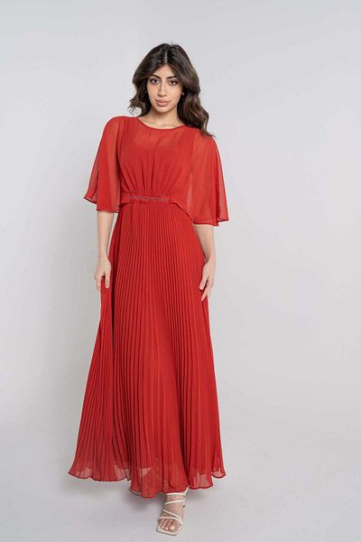 Nichii Women's Long Solid Pleated Dress with Short Open Sleeves