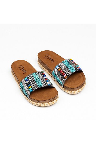 SUNSTEP Ethnic Patterned Striped Black Beaded Women's Slippers – Summer Daily Platform Slippers