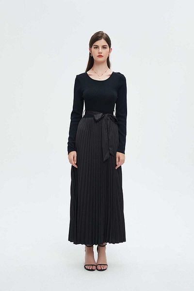 Nichii Women's Long Ruffled Dress with Waist Tie and Long Sleeves