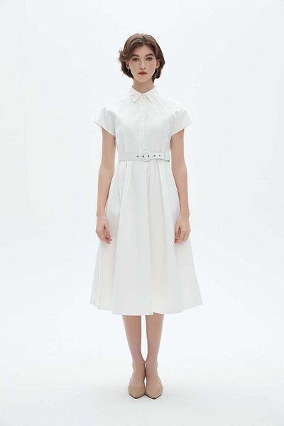 Nichii Ruffled Midi Dress with Short Sleeves, Waist Belt, and V-Neck