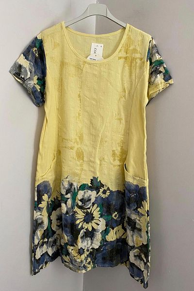 AYASOFYA OTANTIK Women's Italian Yellow Wildflowers Pattern Short Sleeve Cotton Midi Dress with Bag Pockets