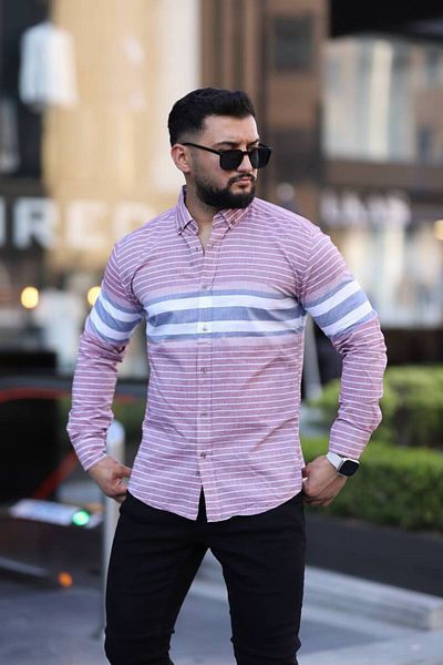 Klothy Men's Long Sleeve Striped Panel Shirt 2400-9
