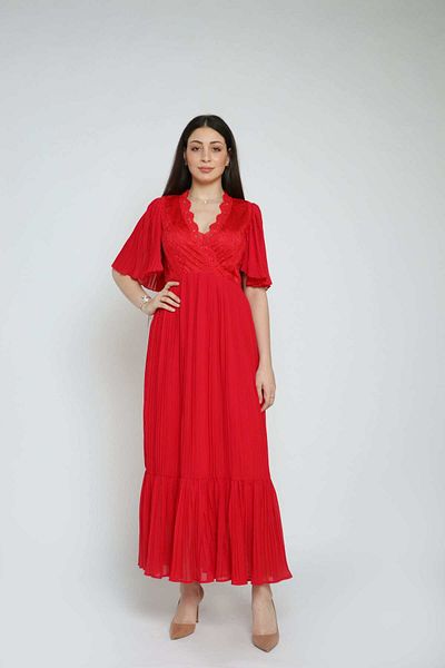 Nichii Long Pleated Lace Dress with Short Butterfly Sleeves