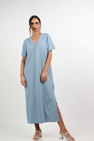 Nichii Women's Solid Midi Dress with Side Slits and V-Neck, Short Sleeves