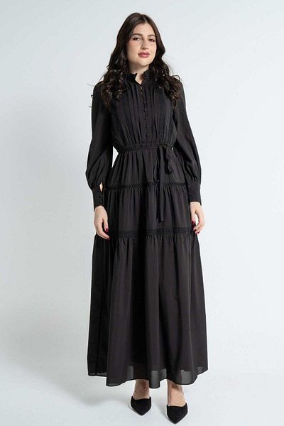 Nichii Women's Long Sleeve Maxi Dress with Front Buttons and Waist Tie