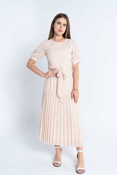 Nichii Soft Printed Midi Dress with Waist Belt and Short Sleeves