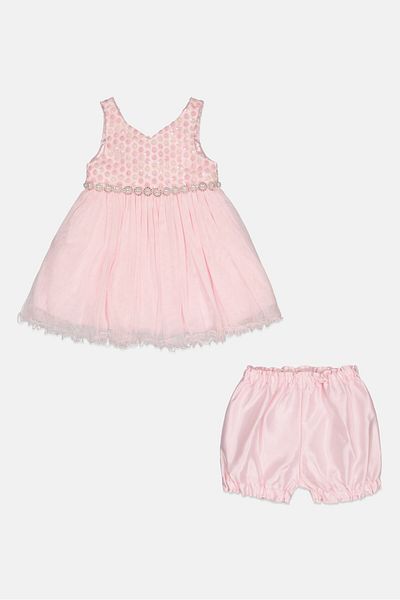 American Princess Toddlers Girl 2 Pcs Textured Mesh Party Dress With Shorts Set, Blush Pink