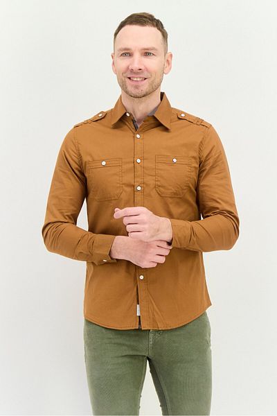 Paper Denim & Cloth Men Slim Fit Solid Long Sleeves Casual Shirt, Brown