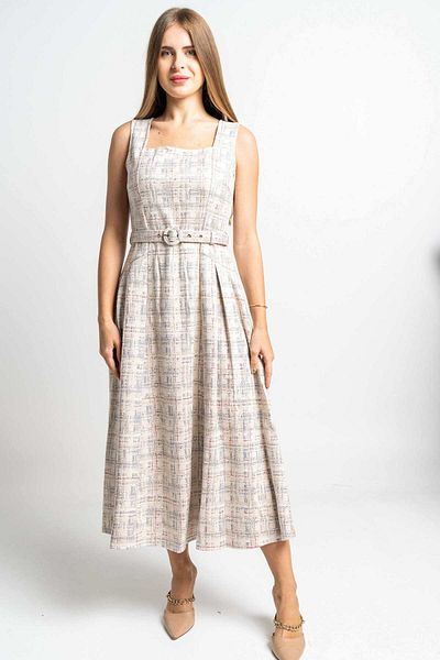 Nichii Women's Midi Checkered Dress with Waist Straps