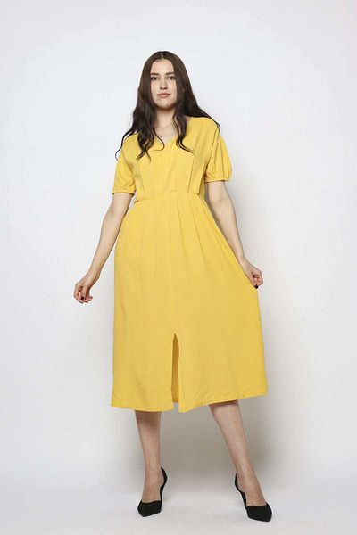 Nichii Solid Midi Viscose Dress with Wide Neckline and Short Sleeves
