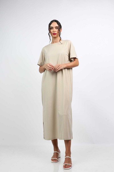 Nichii Simple Midi Dress with Side Slits and Short Sleeves -