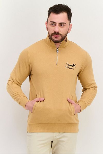 CROOKS CASTLES Men Mock Neck Embroidered Logo Long Sleeve Sweatshirt, Tan