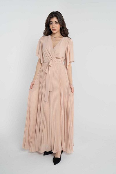 Nichii Pleated Maxi Wrap Dress with Waist Belt and Wide Half Sleeves