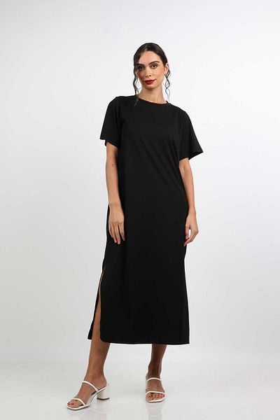 Nichii Simple Midi Dress with Side Slits and Short Sleeves -