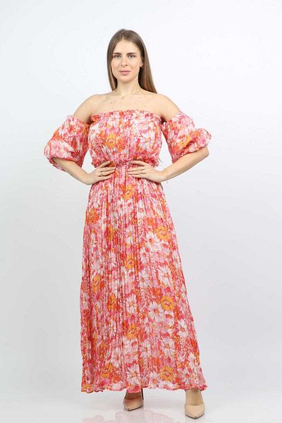 Nichii Floral Maxi Dress with No Shoulders and 3/4 Puff Sleeves -