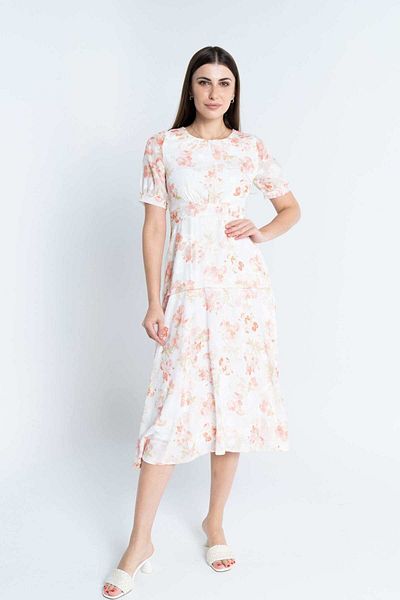 Nichii Women's Midi Dress with Soft Floral Print and Short Sleeves