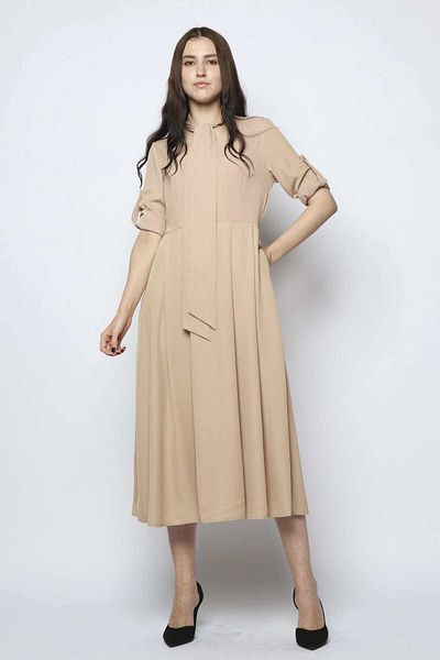 Nichii Solid Midi Dress with Long Sleeves and Adjustable Tie Neck