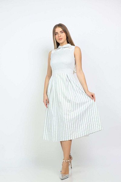 Nichii Striped Midi Dress with Collar, Sleeveless -