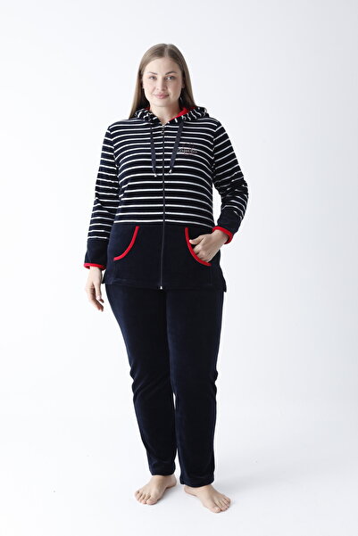 ROMEO LİFE Γυναικείο σετ φόρμας με ριγέ βαμβακερή κουκούλα βελούδινη φόρμα 2008-B