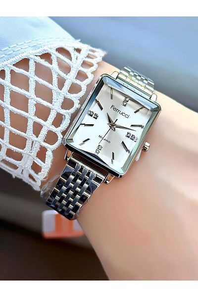 Ferrucci Milano Women's Watch – Stone Dial, Cut Glass, Rectangular Case, Silver Metal Band