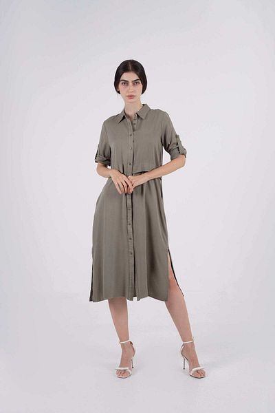Nichii Women's Long Dress with Front Button Neckline and Side Slits, 3/4 Sleeves