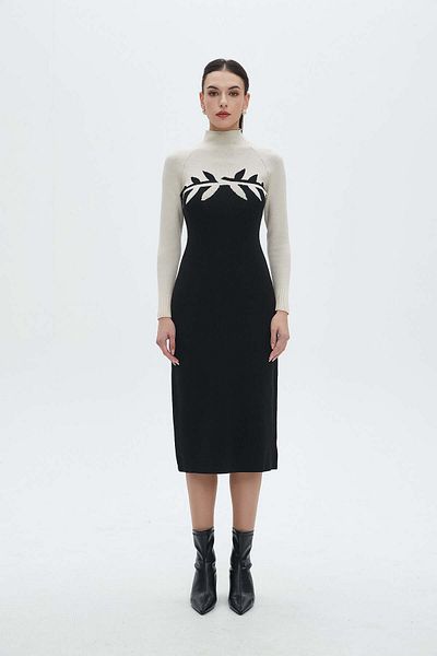 Nichii High Neck Long Sleeve Midi Dress with Tree Print