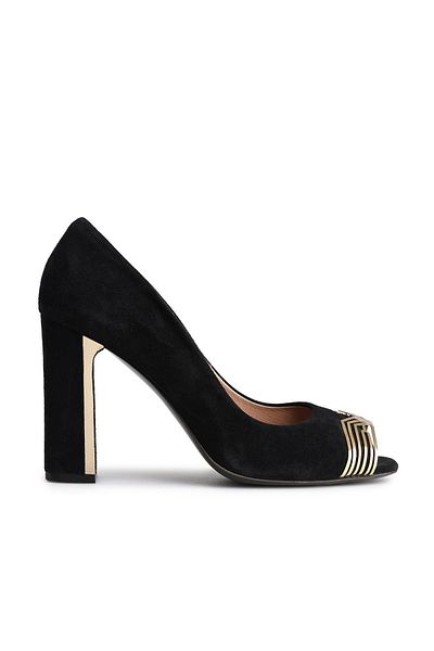 Deriderim Black Suede Heeled Shoes with Gold Detail