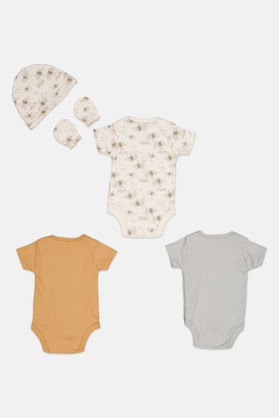 Dream Gro Toddlers Boy 5 Pieces Printed Short Sleeves Bodysuits Set, White
