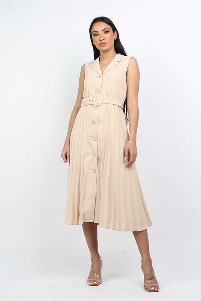 Nichii Women's Short Dress with Waist Belt, Button Front, and Pleats