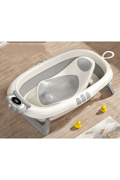 Little Mom Set Cadita pliabila pentru copii Little Mom Crown Grey, termometru incorporat cu display digital, si