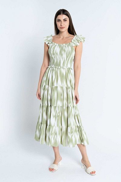 Nichii Women's Ruffled Wide-Sleeve Midi Dress with Waist Detail