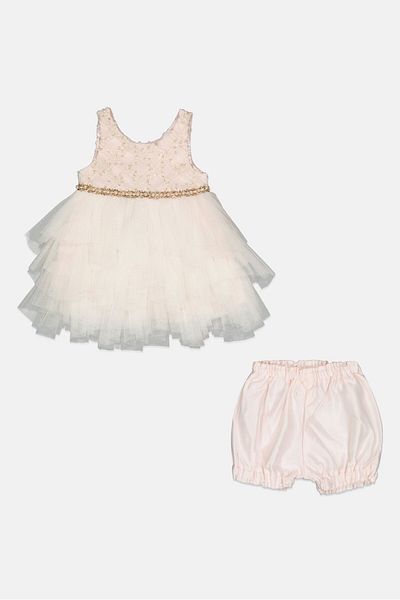 American Princess Toddlers Girl 2 Pieces Textured Dress And Short Set, Ivory
