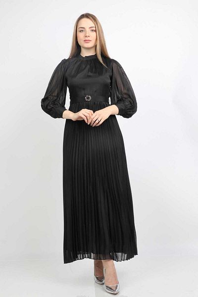 Nichii Long Pleated Evening Dress with Sheer Long Sleeves and Waist Belt -
