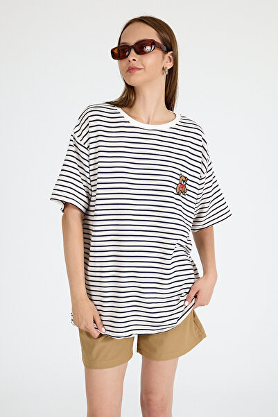 Rays Tricou oversize cu dungi brodate Laci Bear 3083