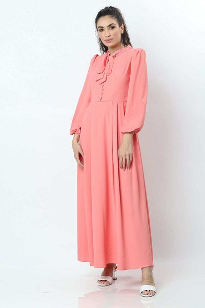 Nichii Women's Short Neck Tie Long Sleeve Maxi Dress